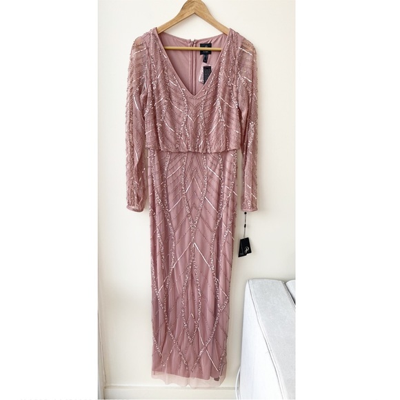 Adrianna Papell Pink Beaded Long Sleeve Gown - Picture 3 of 9